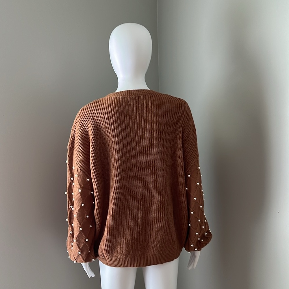 SHEIN LUNE Brown Crewneck Sweater with Pearl Accented Sleeves Size 6 - Picture 6 of 8